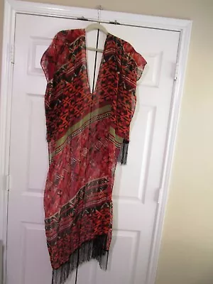 Fringed Green Red Black Open Caftan Swim Coverup OneSize Beach Boho • $6.99