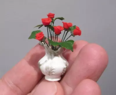 Vintage Artisan Miniature Dollhouse Red Rose Flower Arrangement In Vase #1 • $14.99