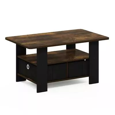 Furinno Coffee Table Bin Drawer Amber Pine/Black Wood Rectangle Shape 31.5 In. L • $52.57