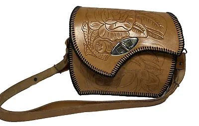 Vintage Leather Hand Tooled Mexican Handbag Brown Over Shoulder Strap • $34.99