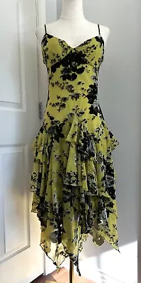 BETSEY JOHNSON Vintage Y2K Georgette Velvet Floral Ruffle Handkerchief Dress 6 • $129.99