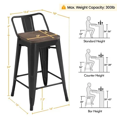 Metal Barstools Set Of 4 Counter Height Bar Stools With Wood Top Low Back Black • $99.99