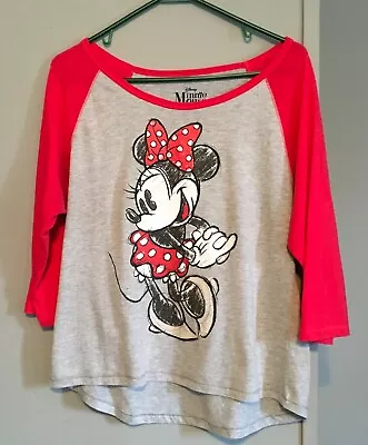 Disney Minnie Mouse Baseball Tee Gray/Red Trim & Sleeves Women’s Cute Playful XL • £9.64