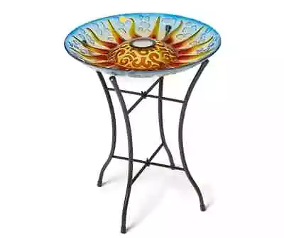 New Sun Burst Pattern Solar Glass Bird Bath & Metal Stand Outdoor Lawn 20.5  T • $54.99