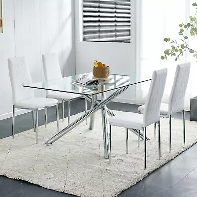 Armless High Backrest Dining Chair 4-piece Set Of Silver Metal Legs White Chair • $124