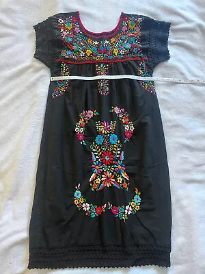 Hand Embroidered Oaxacan Mexican Black Tunic Dress M STUNNING! • $30