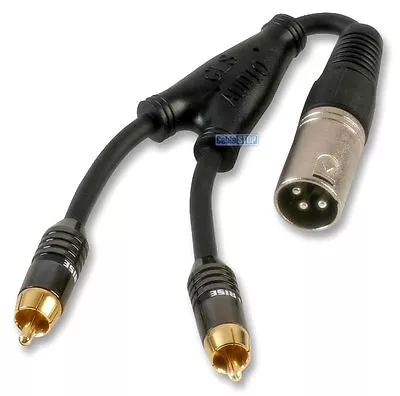 3 PIN XLR MALE PLUG To 2x TWIN RCA PHONO Y SPLITTER GOLD ADAPTER CABLE LEAD 25cm • £8.35