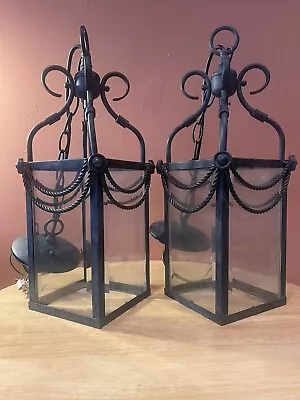 Pair Of Large Hall Metal Lanterns Chain Hung Drop 82cm • £80