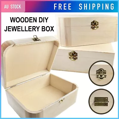 Large DIY Natural Wood Jewellery Box Hinged Wooden Unpainted Craft Storage Box • $19.95