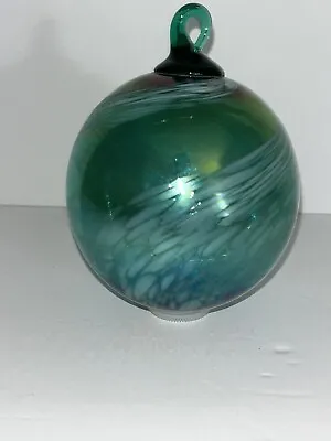 Vintage Blown Glass WITCH BALL Ornament BLUE GREEN Iridescent 3  • $25