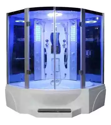 Freestanding Combination Steam Shower With Jetted Tub Rainfall Shower Blue Glass • $4280.10