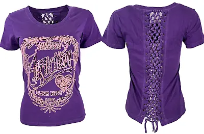 Affliction Women's American Customs  BETROTHED  T-Shirt Biker Tattoo Purple NWT • $52.63