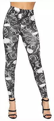 £6.49 • Buy Ladies Womens New Skull & Roses Skeleton Print Stretchy Leggings Sizes Uk 8 - 26