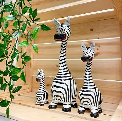 Wooden Zebra Ornament - Hand Painted Wood Carved Mini Figure Statue Home Decor • £27.95