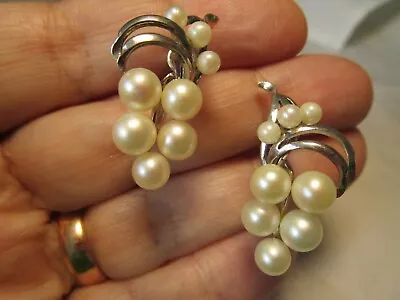 Gorgeous Vtg Silver Mikimoto Quality 16 Genuine Akoy Pearls Screw Back Earrings • $168.97