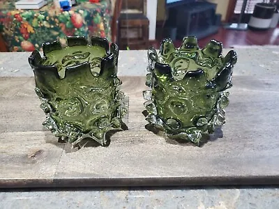 Pair  Vintage Brutalist Lazy Susan GREEN & BLACK  Art Glass  Thorn Bowl Candle • $129.99