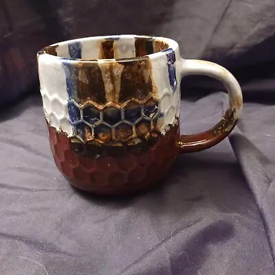 Stoneware Pottery Mug W/ Honeycomb Drip Glaze Brown Tan Blue Signed GA 22 EC • $17.99