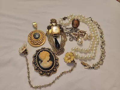 Vintage Jewelry Lot Cameo Pearls Sweater Clips Pendant Locket Brooch • $10