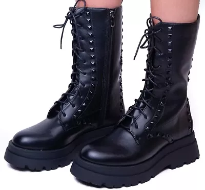 £21.99 • Buy Ladies Lace Up Mid Calf Boots Chunky Platform Womens Biker Combat Lace Up Shoes