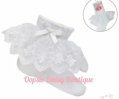 Baby Girls White Frilly Ankle Socks Ribbon & Lace 💗 • £3.99