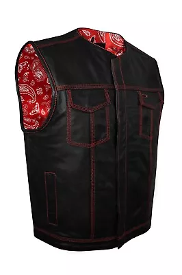 Men's Black Leather Vest Motorcycle Tipple Thread Red Paisley Lining Waistcoat • $89.99