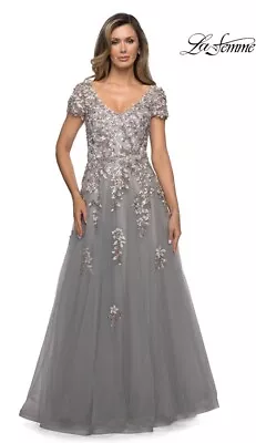 NWT LA FEMME Embroidered & Beaded Tulle A-Line Gown Dress Grey Sz 12 $639 • $189.99