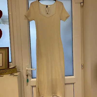 Cream Jersey Strip Design Bodycon Dress - H & M - Size Medium • £5