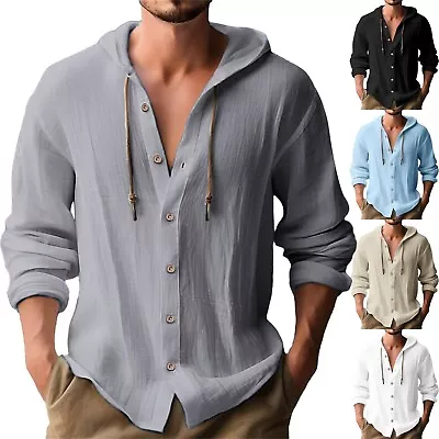 Men's Shirt Cotton Casual Linen Button Solid Color Hooded Long Sleeved T-Shirt • $24.02