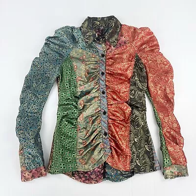 Sacred Threads Button Down Funky Ruched Paisley Medieval Blouse Top Womens S • $44.99