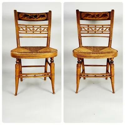 VERY RARE》 Genuine 19th C. Pair American Fancy Painted Sheraton Accent Chairs • $1499