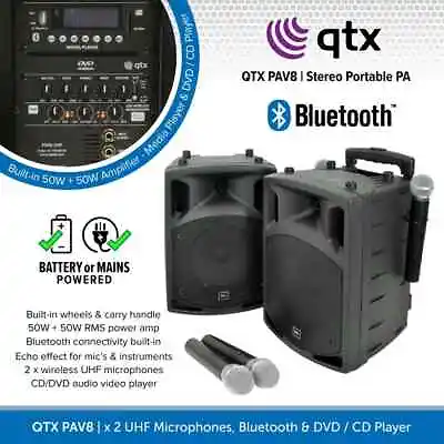 QTX PAV8 Portable PA System 2 X Speakers Wireless Microphones Bluetooth & MP3 • £369