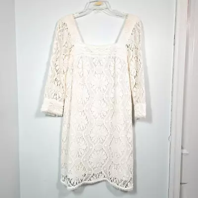 Milly New York Crochet Cream Lace Shift Mini Dress Size 6 Square Neck Lined • $49