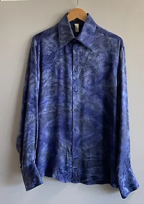 VERSACE 100% Silk Allover Pattern Shirt Men Size 50 Blue Vintage Baroque • $299