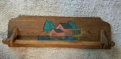 Antique Wooden Handmade Oak Towel Bar With Painted Carved Water Mill Scene  • £15.95
