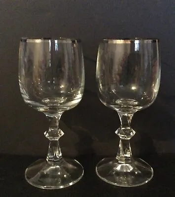 Pair Vintage Silver Rimmed Crystal Wine Water Glasses Goblets 6  Tall • $10