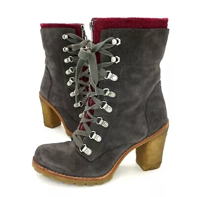 UGG Fabrice Gray Suede Lace Up Boots Gum Heels 01990 Mid-Calf Women's 7M • $49.95