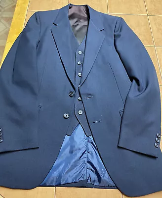 Vintage Silver Brand Sz 36R Navy Blue 2 Piece Suit Jacket Blazer Sport Coat Vest • $34.99