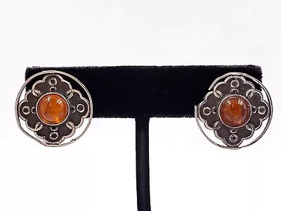 925 Silver Vintage Design Earrings W/ Amber Gem • $16.99