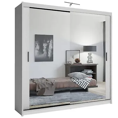 203cm Mirror Sliding Door Wardrobe Storage Cabinet Hanging Rail Shelves Bedroom • £387