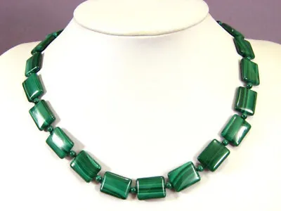 Vintage 13x18mm Green Malachite Gemstone Rectangle Beads Necklace 18'' • $4.49