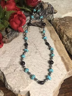 6.Vintage Sterling Silver 925 Liquid Turquoise Garnet Beaded Necklace 11g 16  • $24.99