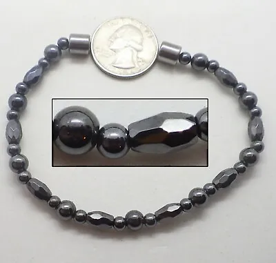 Round & Faceted Oval Black Highly Magnetic Magnetite Bead Bracelet 7.75  • $15.39