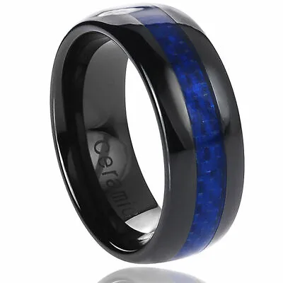 Free Engraving - Ceramic Black With Blue Carbon Fiber Wedding Band Ring • $22.46