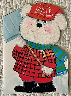 Unused Christmas Polar Bear Snow Shovel Vtg Flocked Greeting Card 1960s 1970s • $3.99
