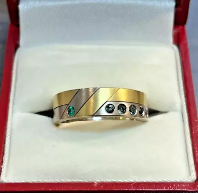 Custom Textured 18k Wedding Band Gents Puzzle Ring W/ Montana Sapphire & Emerald • $430