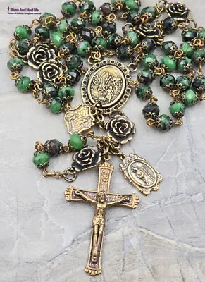 Archangel Raphael Jude Lourdes Healing Saints Ruby Zoizite Vintage Bronze Rosary • $169