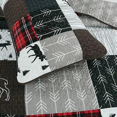 New! ~ Chic Lodge Log Cabin Grey Red Black White Pine Tree Deer Moose Quilt Set • $126.24