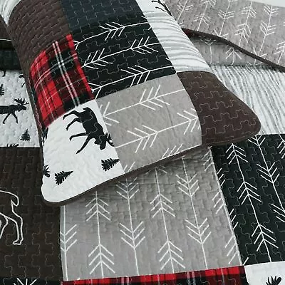 New! ~ Cozy Modern Lodge Log Cabin Grey Red Black Pine Tree Deer Moose Quilt Set • $118.32