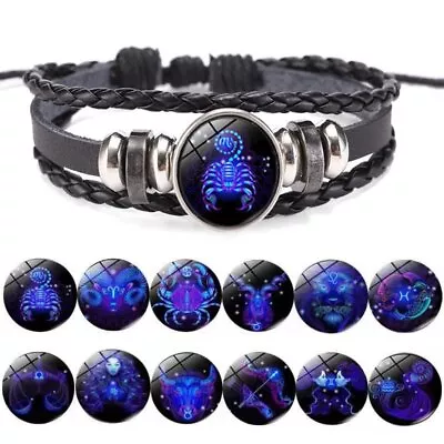 12 Zodiac Constellation Sign Braided Leather Luminous Bracelet Women Men Gift • £2.57