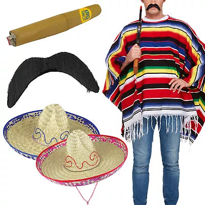 Adult Mexican Poncho Costume Set: Sombrero Hat Fancy Dress Moustache Men Women • £38.95